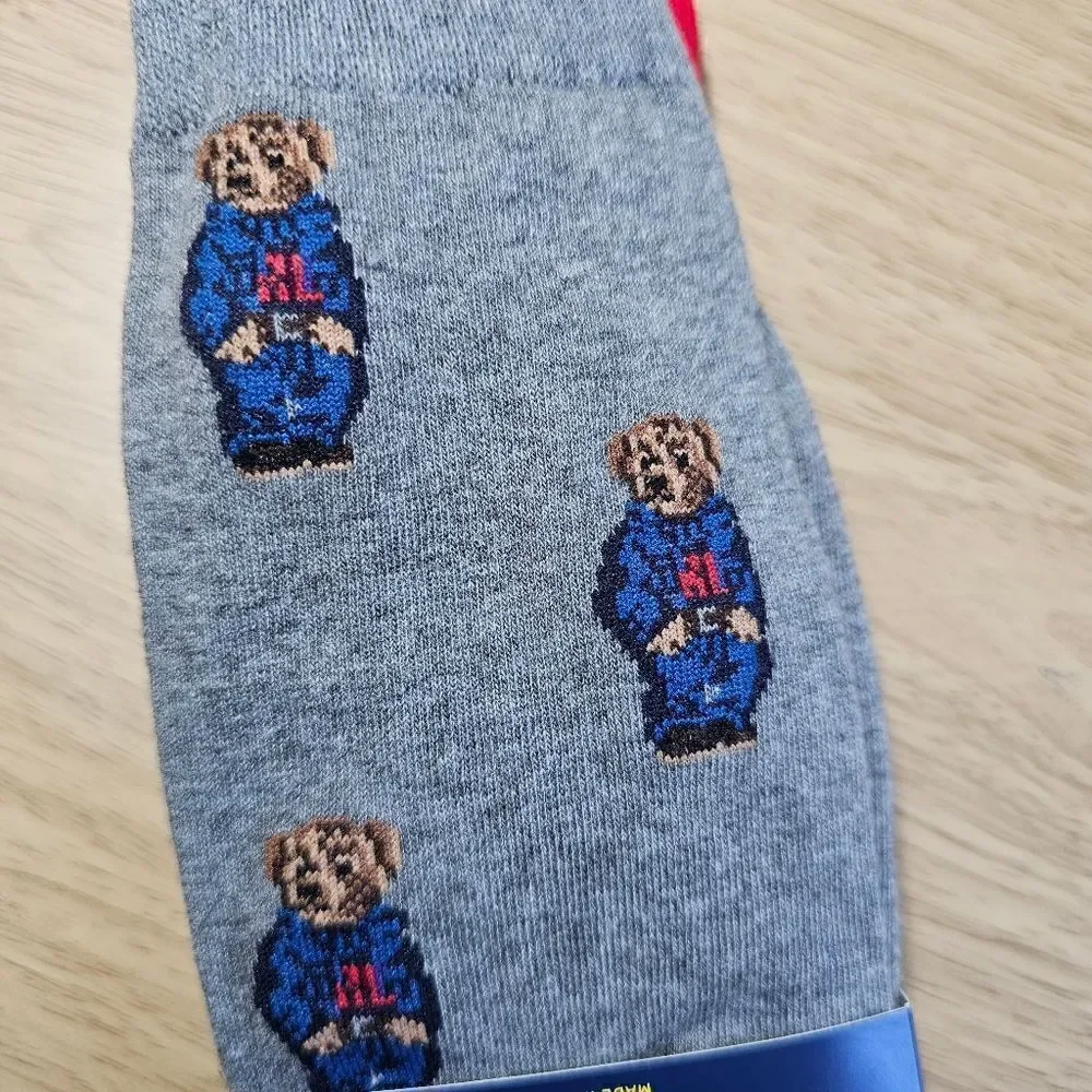 Polo Ralph Lauren Bear USA Socks 2-Pack AOP Striped Large L 10-13 Grey Navy Pony - Picture 2 of 8